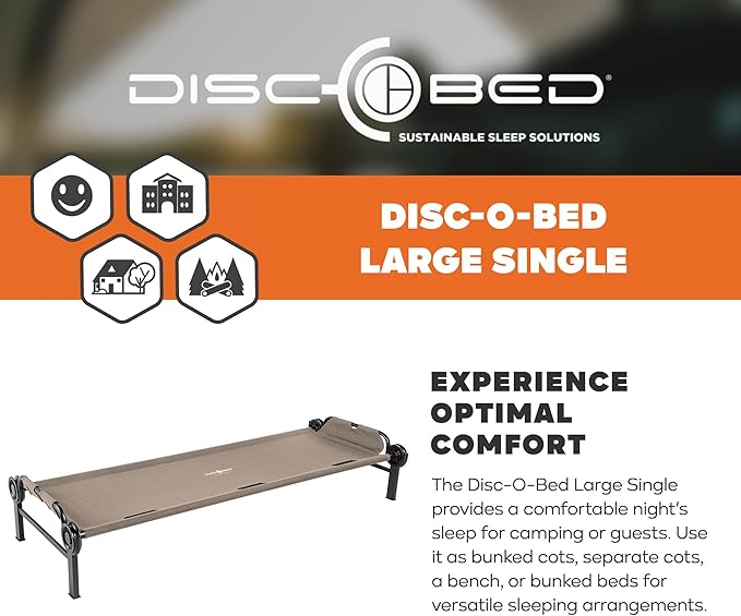 Disc-O-Bed Large Outdoor Modular 1 Person Single Camping Cot Portable Bed for Adults Sleep Solution for Tents Tan