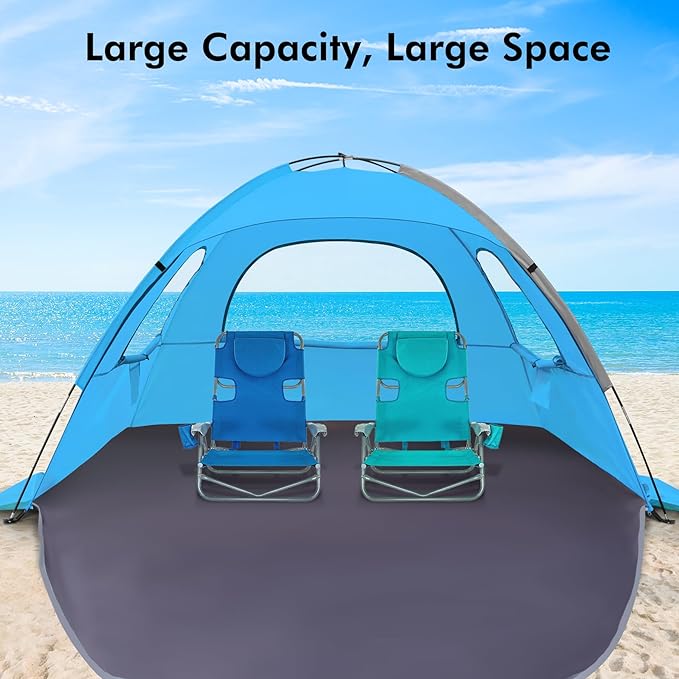 WhiteFang Beach Tent Anti-UV Portable Sun Shade Shelter for 3/4/6/8 Person Extendable Floor with 3 Ventilating Mesh Windows Plus Carrying Bag Stakes and Guy Lines