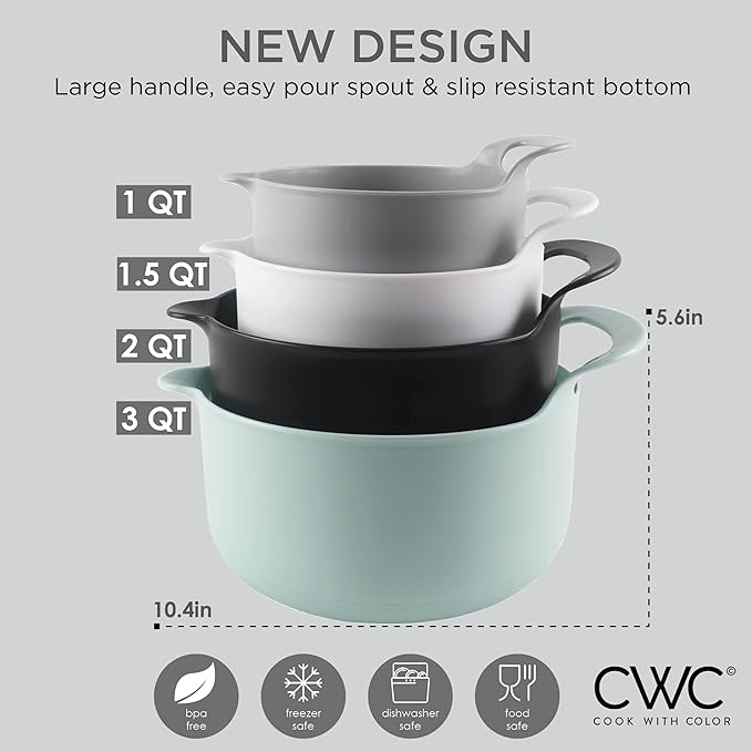 COOK WITH COLOR Nesting Plastic Mixing Bowl Set with Pour Spouts and Handles Mint 4 Piece Non-Slip