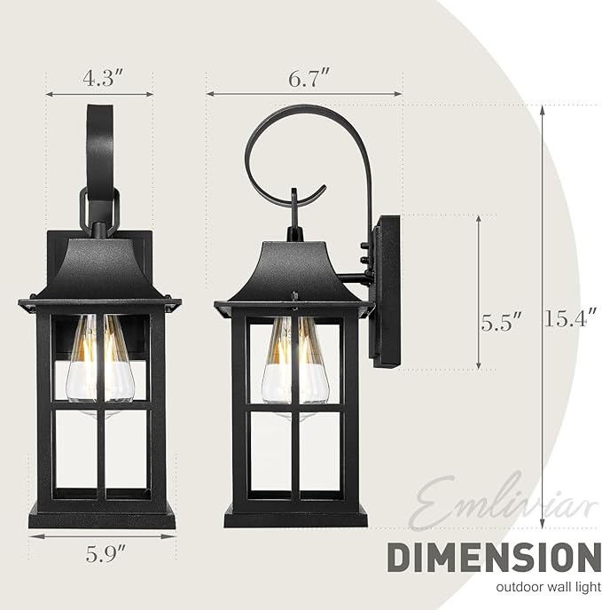 Emliviar 15.4 Wall Sconces Set of Two Outside Wall Light Fixtures with Clear Glass Matte Black Coach Lamps for Front Door YXE306B-2PK BK