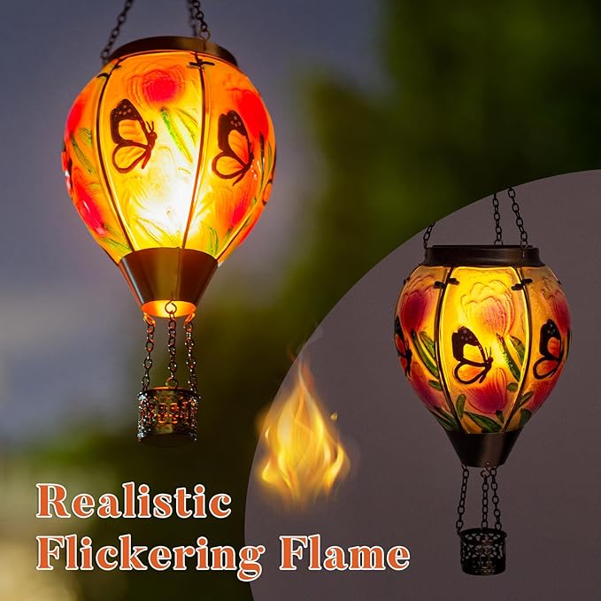 Butterfly Flower Solar Hot Air Balloon Lantern with Flame Glass Balloon Lantern Outdoor Waterproof Lights Hanging Solar Lights for Outside Garden Patio Porch Tree Yard Gift for Mom