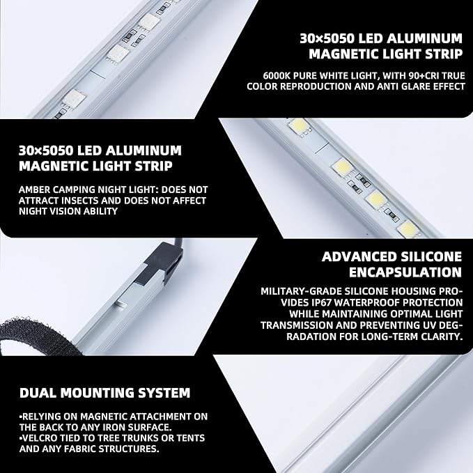 12V LED Light Bar Kit 2 Bars White &amp 2 Bars Amber Adjustable Brightness RV Camping Lights - Waterproof IP67 Magnetic &amp Velcro Mount Portable Lighting for Tent Car Trailer Boat Truck Of