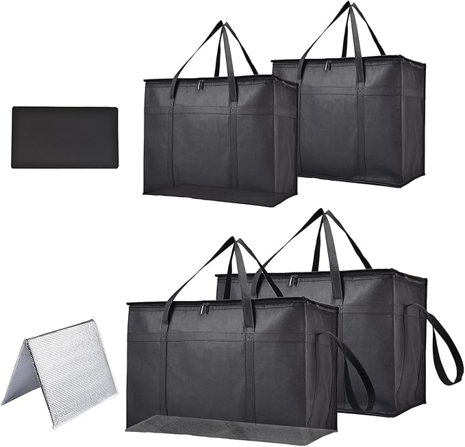 4-Pack Insulated Food Delivery Bags – 2 XXXL &amp 2 XL Reusable Hot &amp Cold Thermal Bags with Removable Base Plates – Catering Pizza Delivery Grocery &amp Travel