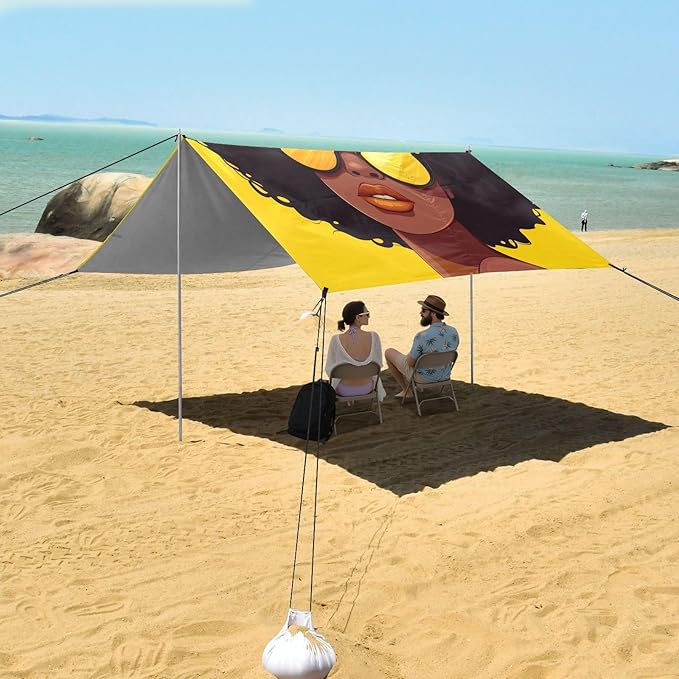 ALAZA African American Woman Beach Tent Sun Shelter UPF50+ Protection Beach Shade Canopy w/ 4 Sandbags for Outdoor Camping Fishing Backyard Fun Picnic 10x9 ft