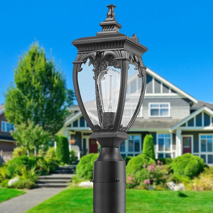 Outdoor Light Post Retro Waterproof Exterior Lamp Post Light Fixture Anti-Rust Aluminum Pole Lights Outside with Seeded Glass for Yard Garden Pathway Patio Lawn Matte Black