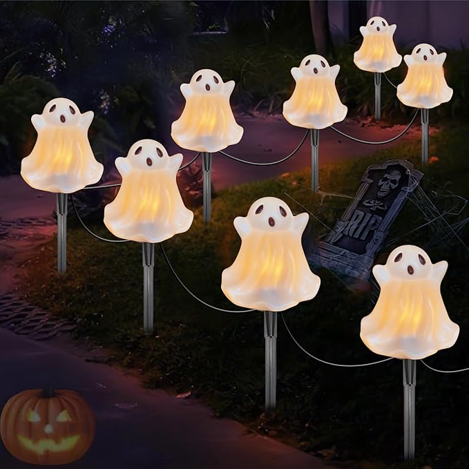 Halloween Pathway Lights Outdoor Decorations 4PCS 3D Light-Up Ghost Garden Stake Lights Waterproof Outdoor Lights for Yard Lawn Driveway Halloween Decor