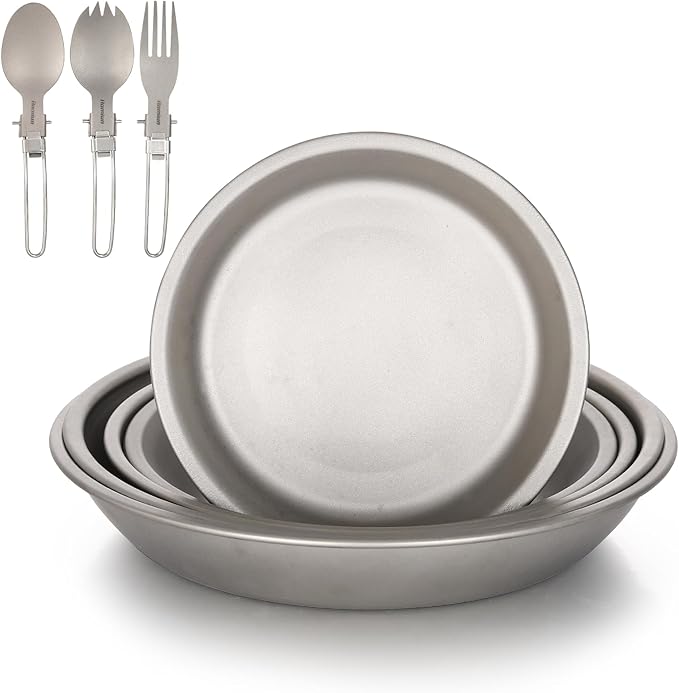 Titanium Camping Plate Set of 8 Ultralight Durable Titanium Dish Plate with Folding Forks Spoons Portable Round Dinner Plates Outdoor Camping Pan Tableware Utensils for BBQ Hiking Picnic