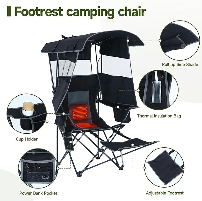CDEN Heated Canopy Chair with Battery Heated Camping Chair with Footrest Umbrella Chairs Foldable With Detachable Footrest Cooler Bag Cup Holder Side Pocket Power Bank Included (2 Pack Black)