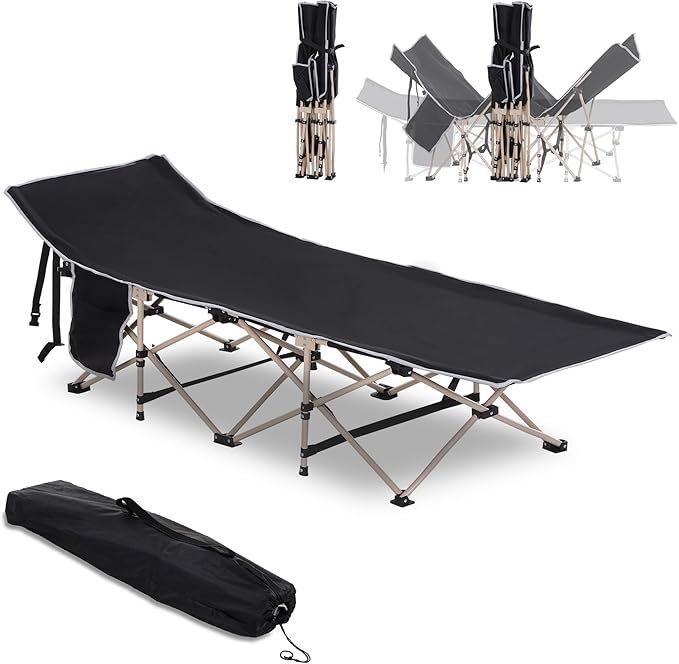 Folding Camping Cot for Adults with Carry Bag Side Pocket Outdoor Portable Sleeping Bed for Travel Camp Vacation 330 lbs. Capacity Black