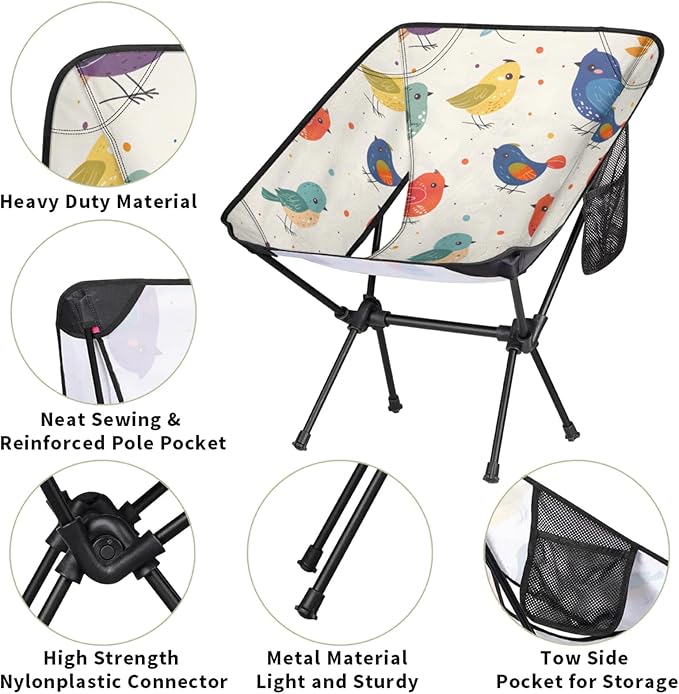 Honeybaby Folding Camping Chair Colorful Birds Camping Chairs Lightweight Portable Chair Outdoor Foldable Chairs for Camping Travel Picnic Beach Hiking