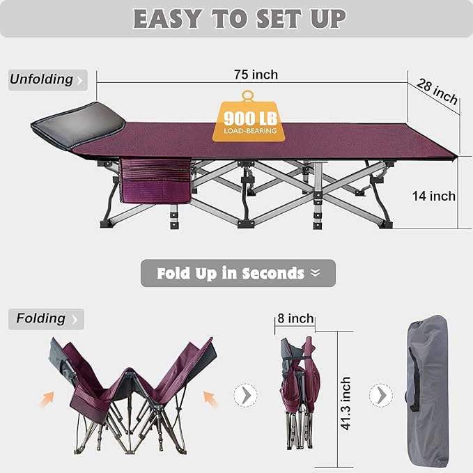 ABORON Folding Camping Cot W/Mat for Adults Heavy Duty Outdoor Bed with Carry Bag1200 D Layer Oxford Travel Camp Cots