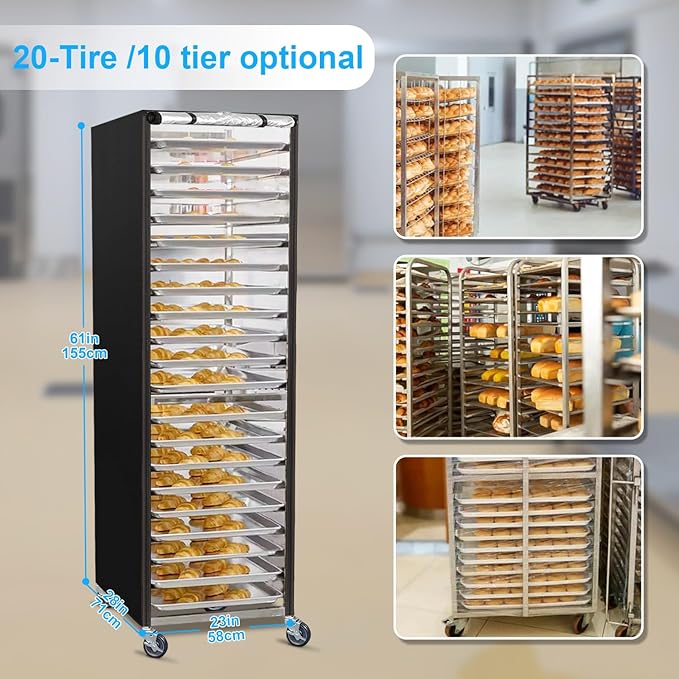Sheet Bun Pan Rack Cover Speed Rack Cover with Zipper for 20 Tier/ 10 Tier Commercial Bakery Racks 23x28x61 Waterproof Bread Rack Cover with Clear Roll-Up Door &amp Breathable Mesh Vent(20 Tier)