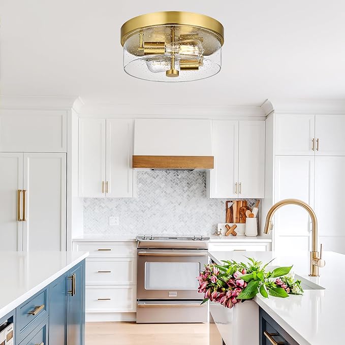 Flush Mount Ceiling Light Fixtures 2-Light Gold Ceiling Mount for Farmhouse with Seeded Glass Lampshade Industrial Flush Mount Light Fixture Farmhouse for Hallway Kitchen Entryway and Foyer