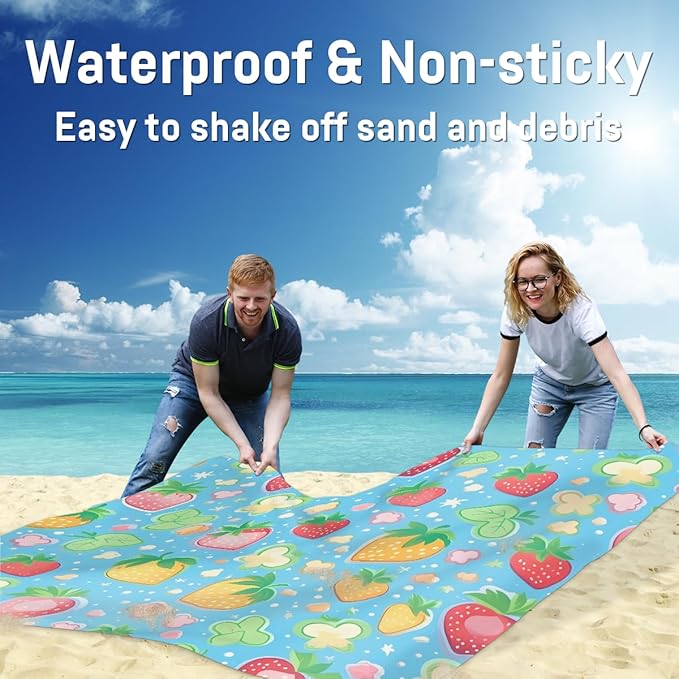 Waterproof Sandproof Beach Blanket 59''×68'' Strawberry Polyester Outdoor Picnic Blanket with 4 Stakes &amp Storage Bag for BeachCampingVacation Blue