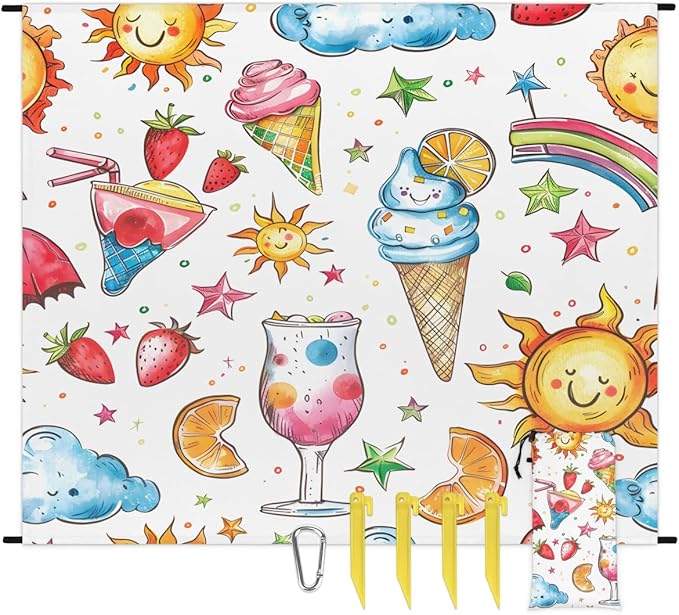 Waterproof Sandproof Beach Blanket 59''×68'' Freedom Ice Cream Polyester Outdoor Picnic Blanket with 4 Stakes &amp Storage Bag for BeachCampingVacation White Bottom