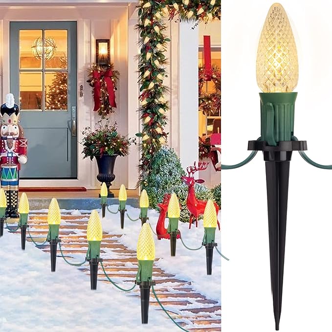 C9 Christmas String Lights Outdoor - 20 LED Pathway Light with Strawberry Shell and Stake Connectable Warm White High Voltage Waterproof for Driveways Xmas Holiday Patio Decoration