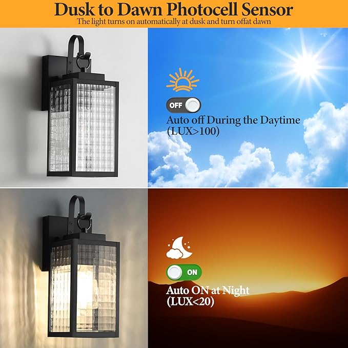 11.8-inch Dusk to Dawn Outdoor Lighting with Checkered Glass IP65 Waterproof All-Metal Black Exterior Light Fixture Outdoor Porch Light for Front Door Garage Patio