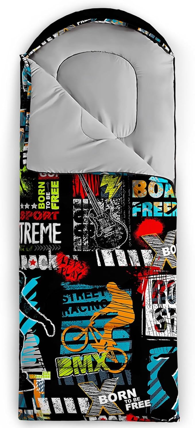 Kids Sleeping Bag for Boys GirlsCartoon Dinosaur Print-Lightweight Warm Portable Outdoor Indoor-Waterproof Cold Weather Resistant Sleeping Bag for Camping Hiking