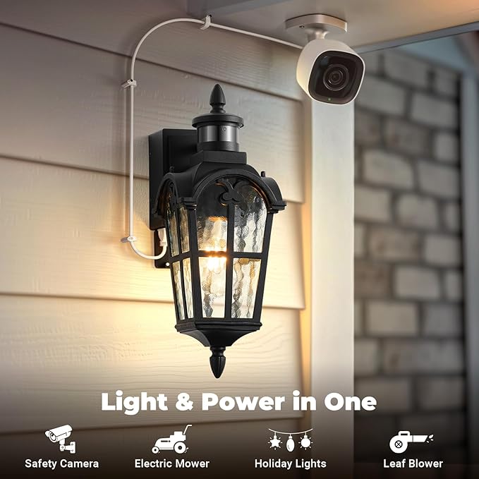 Black Outdoor Patio Lights with GFCI Outlet 2-Pack Upgraded Motion Sensor Outside Lighting with Water Ripple Glass Dawn to Dusk Outdoor Light Fixture for House Garage Garden Waterproof