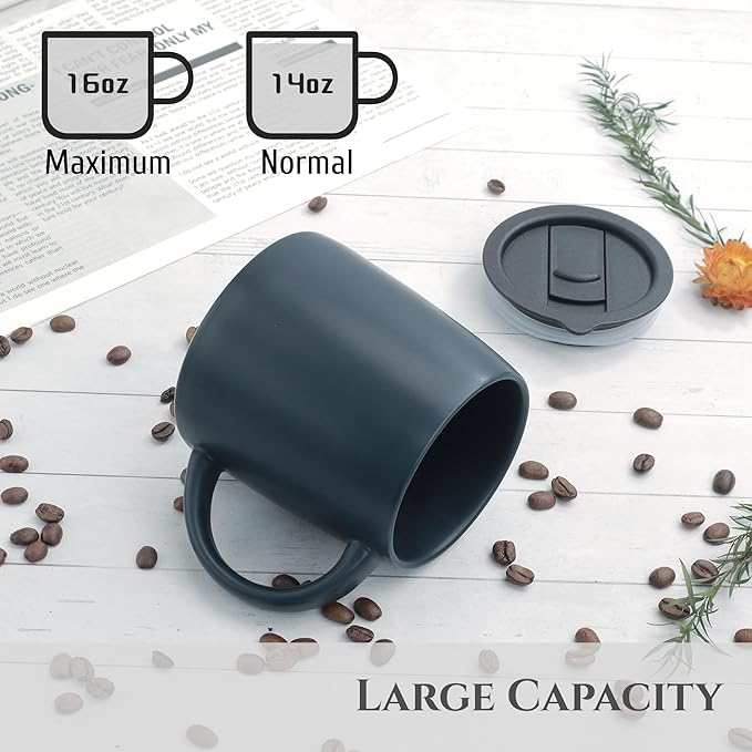 Classic Mug 14 oz Large Coffee Mug with Handle Ceramic Porcelain Tea Cup Smooth Matte (Sliding Lid Set of 2 Red and Navy Blue)