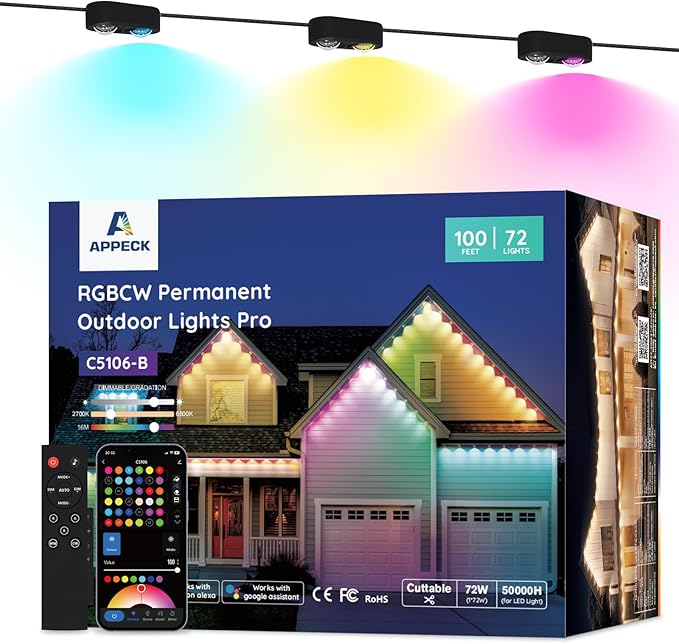 APPECK Permanent Outdoor Lights Pro 100ft 72W RGBCW Eaves Lights with 72 LED Lights 80lm Cuttable 111 Scene Modes IP67 Waterproof Lighting for Halloween Decoration Compatible with Alexa Black