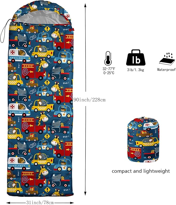 Kids Sleeping Bag for Boys GirlsAnimals Toy Cars Print-Lightweight Warm Portable Outdoor Indoor-Waterproof Cold Weather Resistant Sleeping Bag for Camping Hiking(Cars)