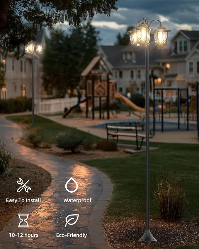 73 Aluminum Solar Lamp Post Light 3-Head Solar Light Poles for Outside Warm White 90Lm Dusk to Dawn Waterproof Floor Lamp for Front YardGarden Pathway Patio Replaceable Bulb