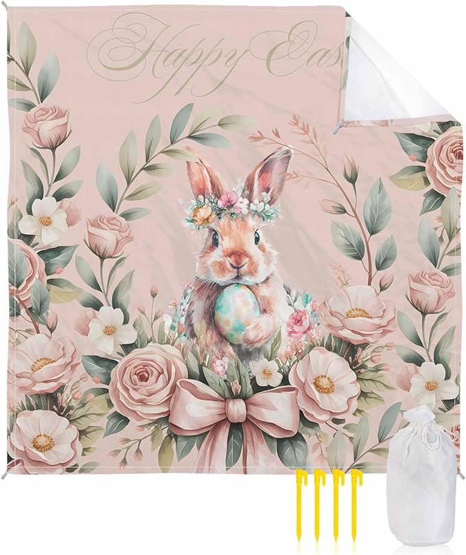 Beach Blanket Waterproof Sandproof OversizedEaster Rabbit Rose Flower Beach Mat with Corner Stakes Sand PocketsSpring Pastoral Floral Light Pink Outdoor Picnic Mat for Travel Camping Hiking83x79In