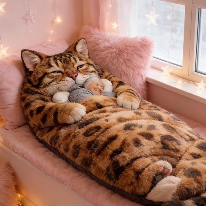 Fluffy Cat Sleeping Bag for Adults Plush Cat Shaped Sleeping Bag for Adults Adorable Cats Envelope Sleeping Bags Washable Warm Blanket for Camping and Home Lounging 68.9x31.5 Inch