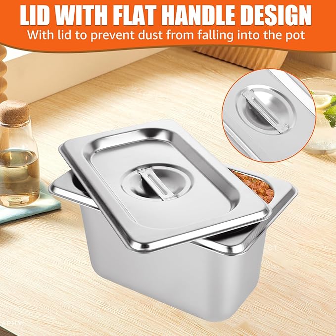 8 Set Stainless Steel Hotel Pans With Lids 1/9 Size x 4 Inch Deep Steam Table Pan Stackable Commercial Anti Jam Metal Steam Tray Catering Food Storage Steel Pan for Home Restaurant Buffet