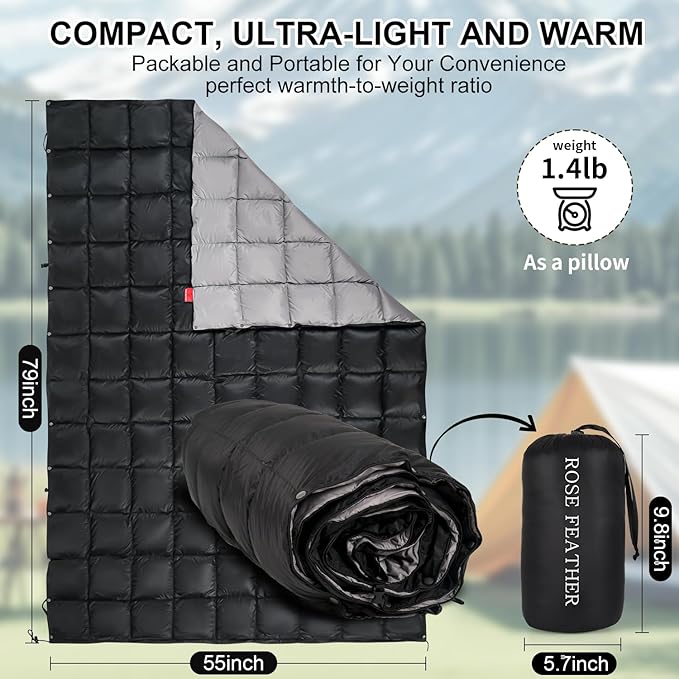 Down Camping Blanket - Lightweight Packable Warm &amp Puffy Outdoor Travel Quilt for Sleep Hiking Backpacking Stadium Festivals Water-Resistant Sleeping Bag 55x79