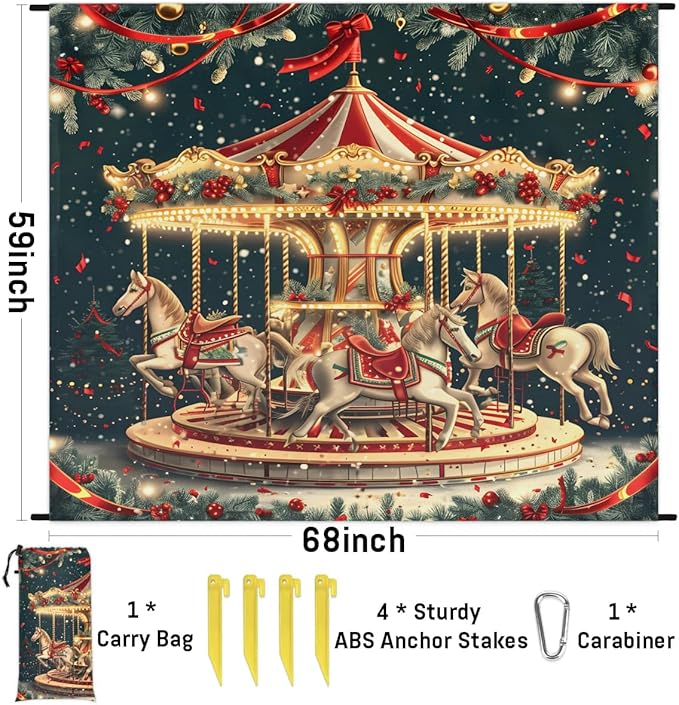 Carousel Horse Beach Blanket Sandproof Beach Mat 68 x 59 Waterproof Quick Drying Sand Free Mat with 4 x Ground Spikes for Outdoor Travel Camping Hiking Amusement Park Christmas