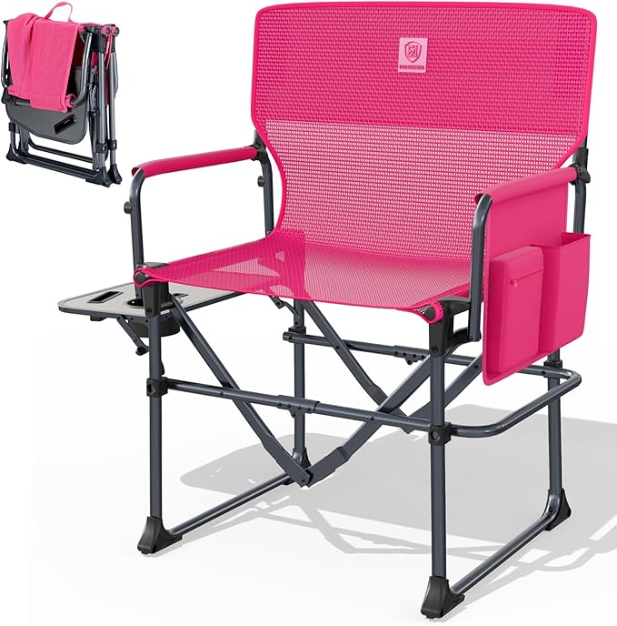 EVER ADVANCED Camping Directors' Chair with Side Table Portable Folding with Compact Size Breathable &amp Quick Dry Design Heavy Duty Lawn Chair with Pocket 400lbs Textilene Mesh Pink