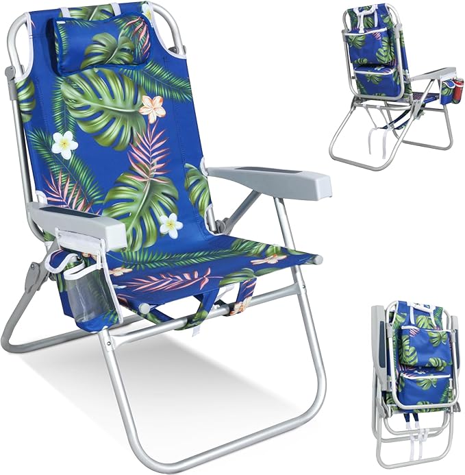 Tall Beach Chairs for Adults – 5-Position Reclining Backpack Chair with Large Insulated Cooler &amp Storage Pocket Aluminum Frame Portable for Travel &amp Outdoor Supports 300lbs Tropical Palm