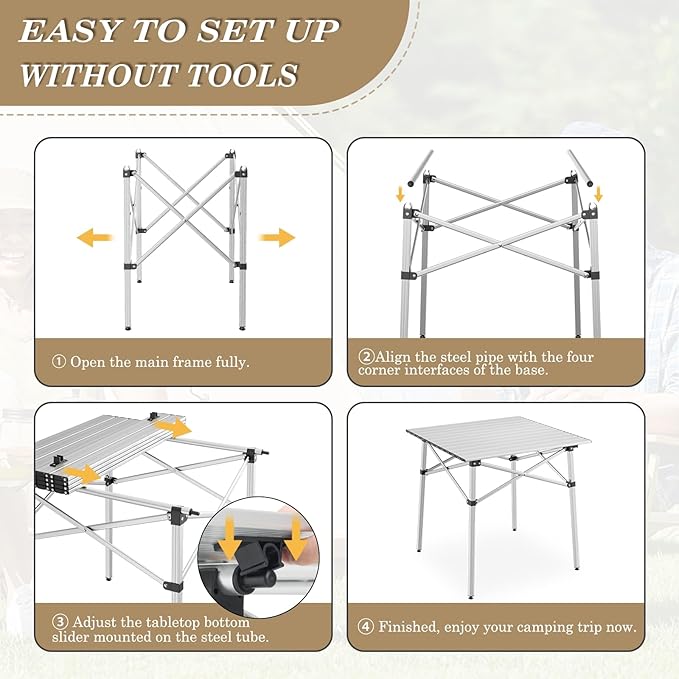 Athena Collection Foldable Camping Table 28 Small Aluminum Outdoor Folding Camp Table with Roll Up Tabletop and Carry Bag Lightweight and Portable for Outdoor Camping Picnic Grilling Silver