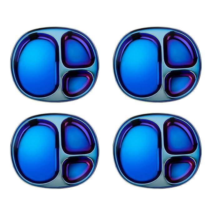 Ahimsa Stainless Steel Plates For Kids Pediatrician Designed Divided Plates for Toddlers &amp Baby Non Toxic Unbreakable &amp Dishwasher Safe Iridescent Blue Set of 4