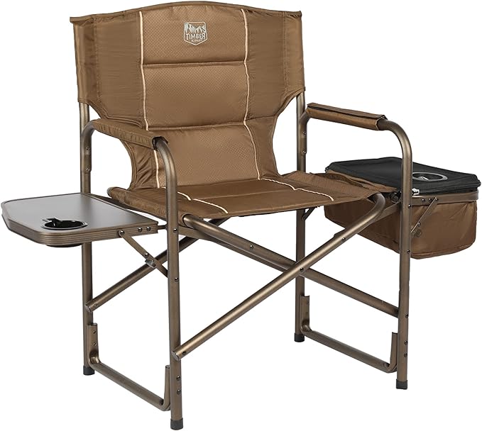 TIMBER RIDGE Folding Camping Chair with Cooler Bag Director Chair Foldable with Side Table for Adults Camp Chairs for Outdoor Lawn Sports Fishing Heavy Duty Supports 300lbs Earth Brown