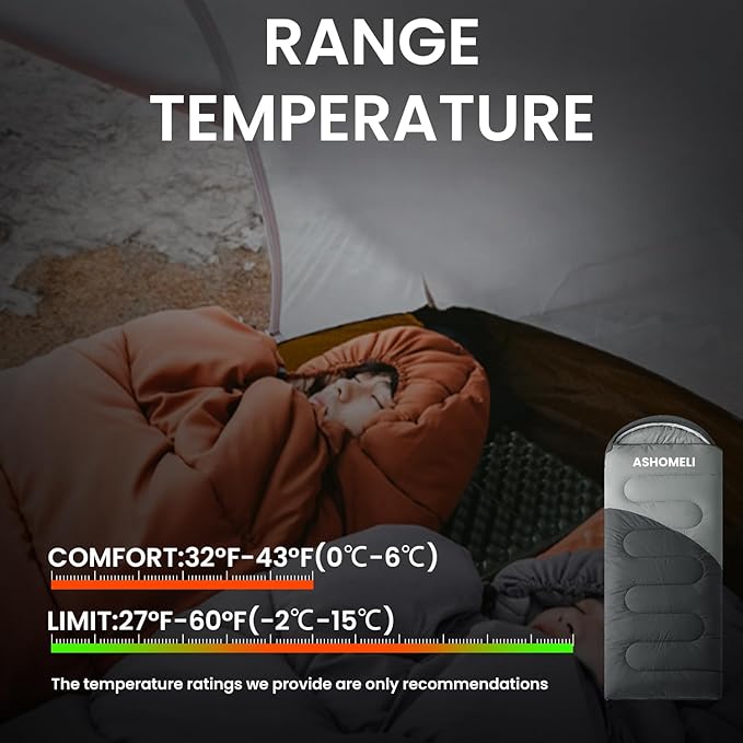 ASHOMELI Camping Sleeping Bags for Adults - 4 Season Warm &amp Cool Weather - Summer Spring Fall Winter Lightweight Waterproof Sleeping Bag for Camping Traveling Indoors and Outdoors