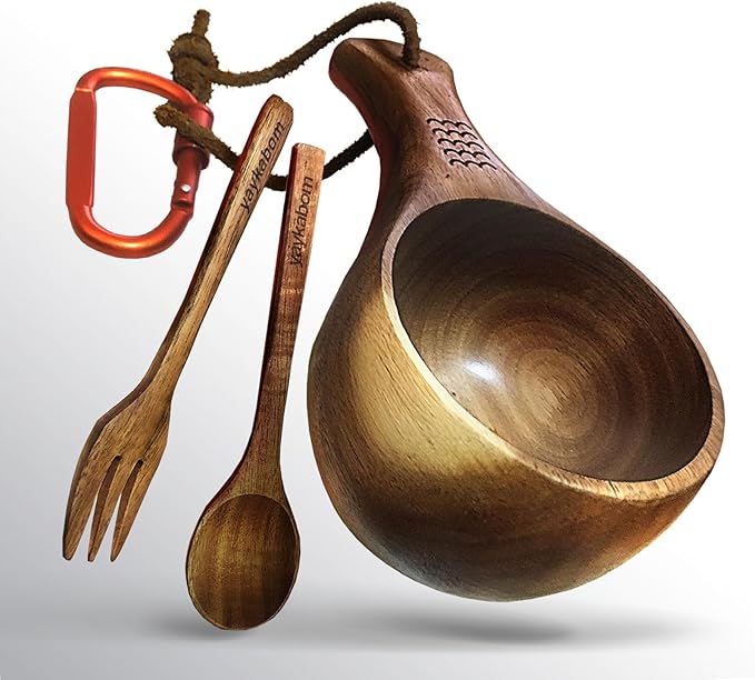 Nordic Kuksa 6oz (177ml) w/spoon &amp fork Handcrafted dark Wooden Camping Cup Set - Bushcraft Gear. Crafted from dark natural hardwood for a rustic look.