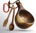 Nordic Kuksa 6oz (177ml) w/spoon &amp fork Handcrafted dark Wooden Camping Cup Set - Bushcraft Gear. Crafted from dark natural hardwood for a rustic look.