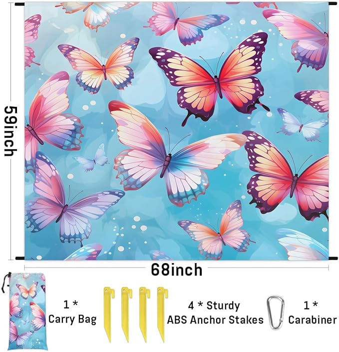 Waterproof Sandproof Beach Blanket 59''×68'' Butterfly Polyester Outdoor Picnic Blanket with 4 Stakes &amp Storage Bag for BeachCampingVacation Pale Green