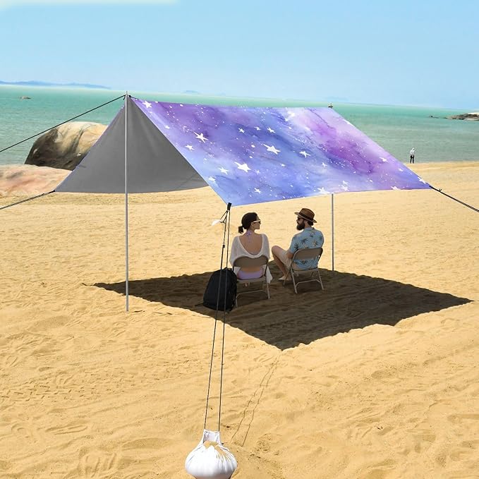 Bolaz Beach Canopy Tent Sun Shade9'×10.5' Large Family Beach Shade UPF50+- Outdoor Shade for Camping Trips FishingBlue Purple Watercolor Stars Pattern