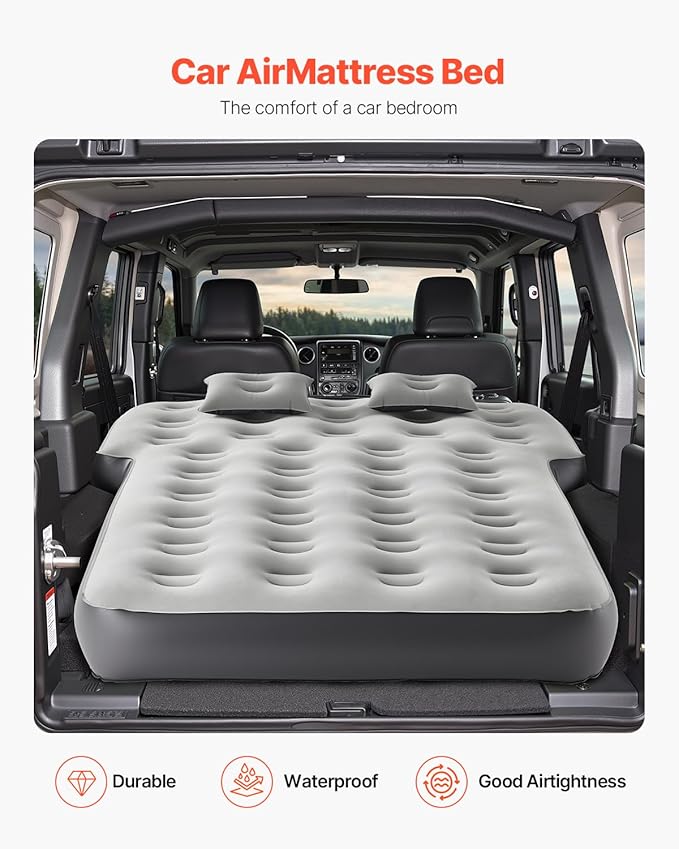 VEVOR Car Air Mattress Inflatable Car Camping Mattress Fits Toyota 4runner Jeep Wrangler JK JKU JL JLU 4 Door Flocking Thickened Blow Up Travel Beds Gray 2 Pillows