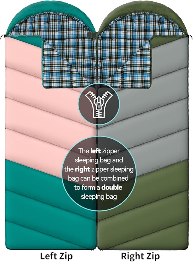 Cotton Flannel Lined Sleeping Bag for Adults Teens Kids Cold Weather &amp Warm 3 Seasons Lightweight Compact Camping Essentials Equipment Hiking Outdoor Travel