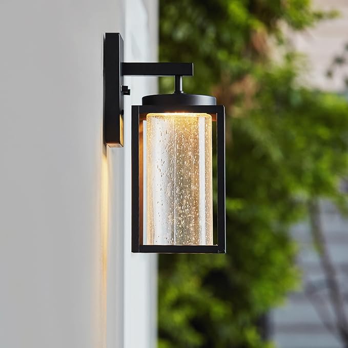 Globe Electric 44359 Capulet LED Integrated Outdoor Indoor Wall Sconce Black Clear Bubble Glass Center Column Dimmable 12W 850 Lumens