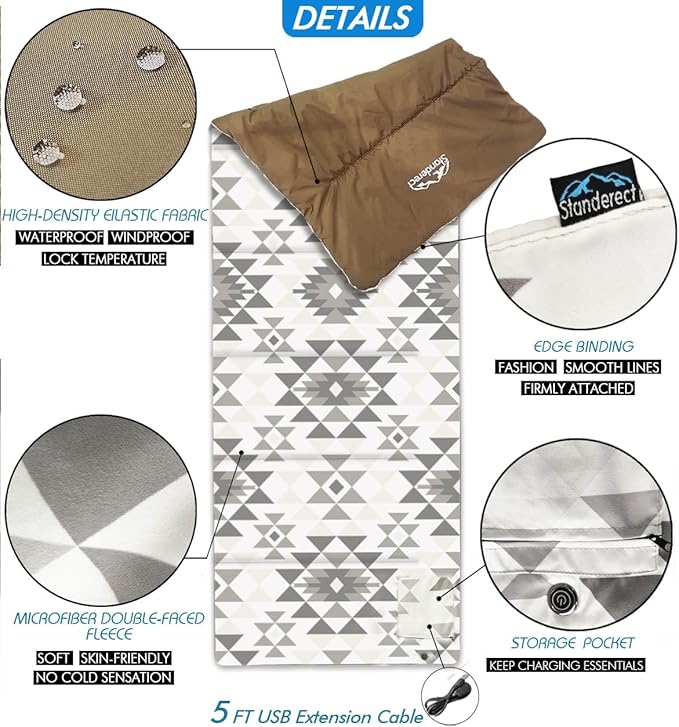 Heated Sleeping Bag pad 3 Adjustable Temperature Levels Operated by 5V/2A USB Power Supply (Bohemia 76 x 24)