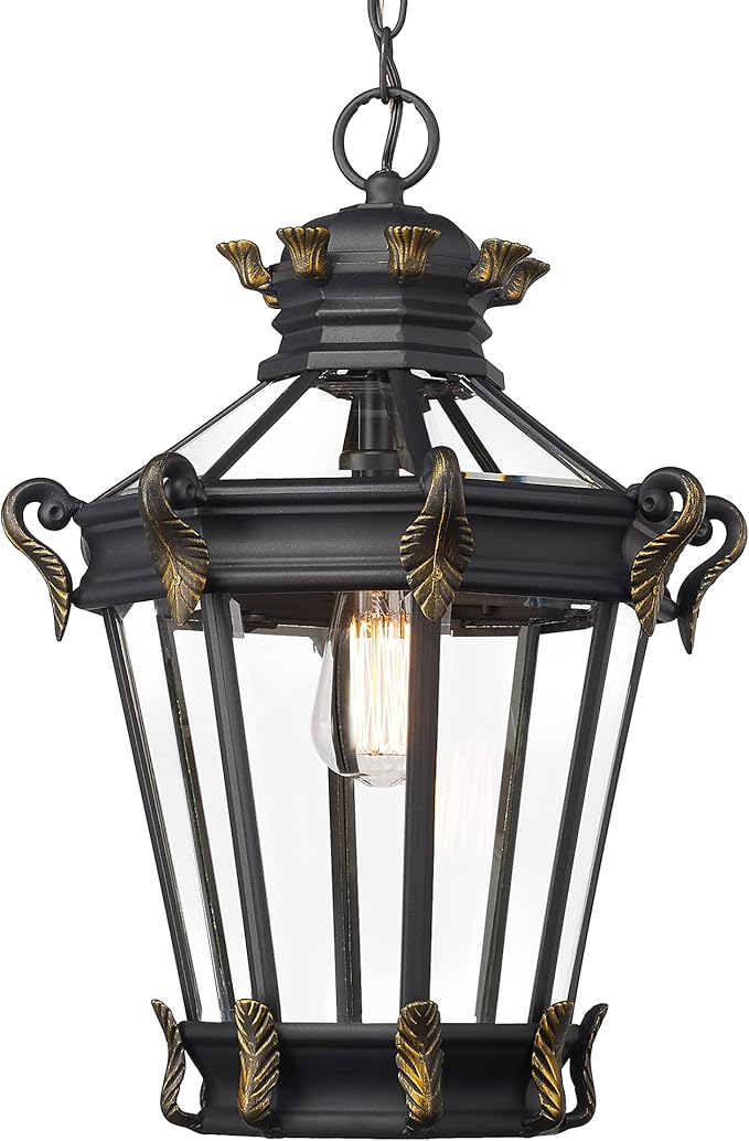 Emliviar Vintage Outdoor Pendant Light 20 Inch Large Exterior Hanging Porch Light with Clear Glass Die-Cast Aluminum in Black Finish XE267H BG