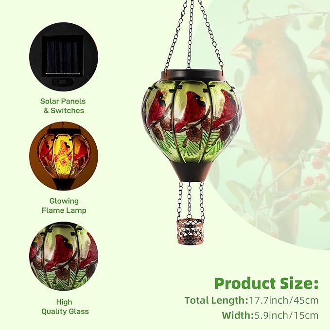 Cardinal Solar Hot Air Balloon Lantern with Flame Glass Balloon Solar Lantern Outdoor Waterproof Hanging Hot Air Balloon Solar Light Cardinal Gifts for Mom Woman Christmas