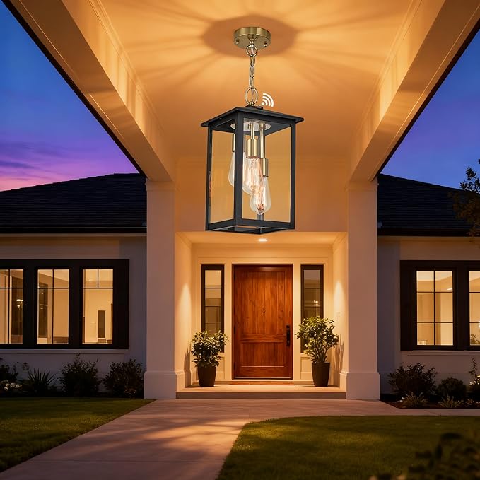 17IN Large Dusk to Dawn Outdoor Pendant Light 3-Light Modern Black Metal Outside Chandelier Exterior Hanging Fixture Ceiling Mount with Clear Glass for Front Porch Entrance Entryway