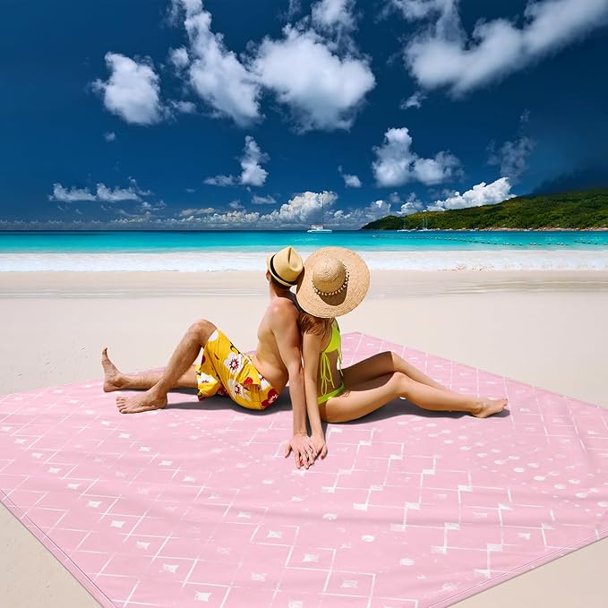 BEW Beach Blanket Waterproof Sandproof Moroccan Blythe Pink Picnic Blankets 86''×78'' Large Beach Mat Sand Free for 2-4 Adult Compact Quick Drying Outdoor Blanket Beach Essentials Must Have